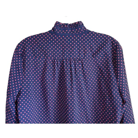 J CREW Women 6 Blouse Top Navy Chiffon Blue & Pink Polka Dots Front Keyhole 38" - Picture 7 of 8